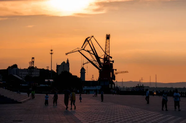 China Heihe Julio 2019 Paisaje Atardecer Grúas Construcción Terraplén Del — Foto de Stock