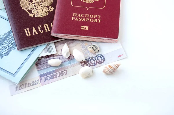 白い背景のシェル お金とパスポート — ストック写真