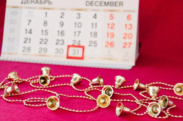 New Year Still Life Part Calendar Garland Golden Bells Red — Stock Photo, Image