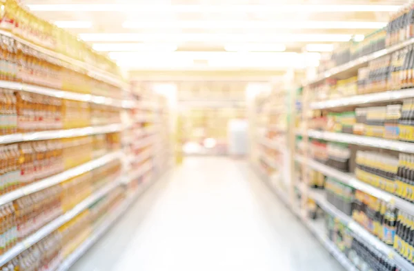 Effetto Sfocato Astratto Pieno Della Bottiglia Olio Scaffali Supermercato Preparano — Foto Stock