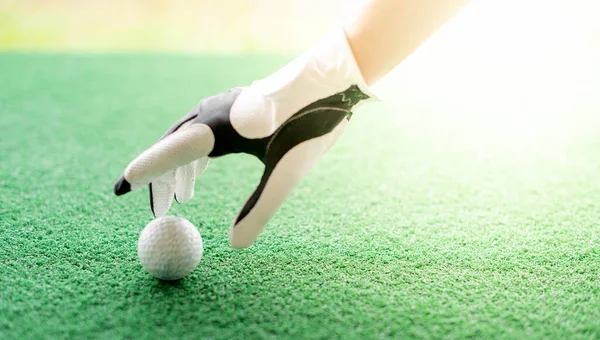 女子手戴白色专业手套 左手拿高尔夫球放在草地上 — 图库照片