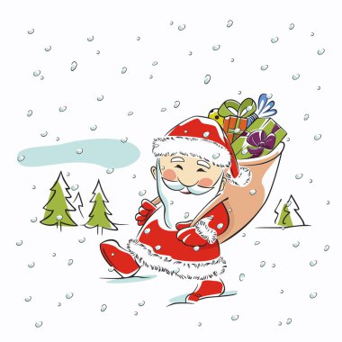 Noel Baba 'nın hediye dolu bir çantayla yürüdüğü Noel kartı, kış ormanı geçmişi. Çizgi film vektörü.