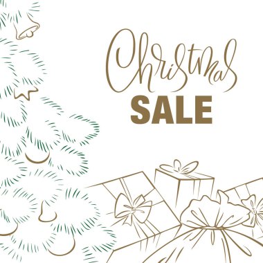 Noel indirimi tasarım şablonu hediye kutuları ve yılbaşı ağacı resimleriyle birlikte. Noel mektupları, el yazısı. Alışveriş mağazası indirimi için afiş ya da poster. Vektör