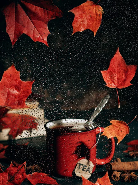 Vor Dem Fenster Steht Eine Rote Tasse Heißen Tee Regnet — Stockfoto