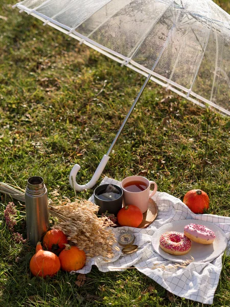 Sotto Ombrello Trasparente Tovagliolo Stoffa Sono Due Tazze Caldo Zucche — Foto Stock