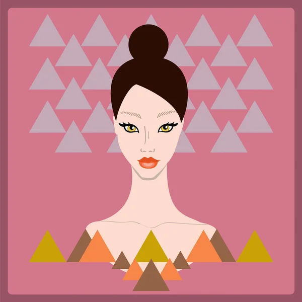 어두운 분홍색 배경에 삼각형 도형에 아름 다운 세련 된 젊은 여자 얼굴. 80 년대의 스타일 — 스톡 벡터