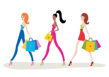 Beyaz arka planda izole edilmiş alışveriş torbalarıyla güzel genç kadınlar.