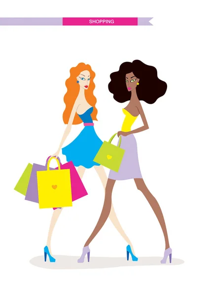 Hermosas mujeres jóvenes con bolsas de compras aisladas sobre fondo blanco — Vector de stock