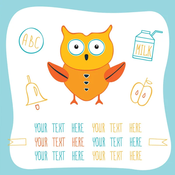 Cute cartoon owl, milk, ring bell and apple. Back to school concept — Stock Vector