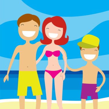 Sahilde mutlu bir aile. Yaz tatili, tatil deniz