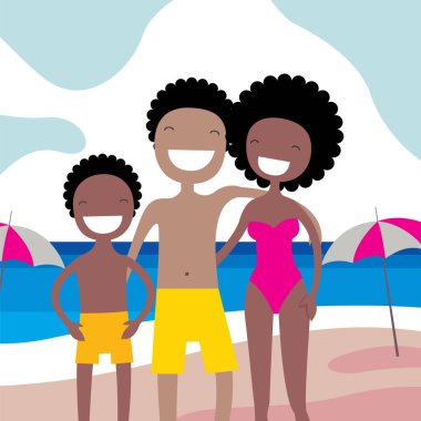 Sahilde mutlu Afro-Amerikan aile. Yaz tatili, tatil Tema