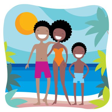 Sahilde mutlu Afro-Amerikan aile. Yaz tatili, tatil Tema