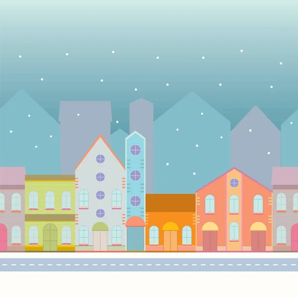 House buildings, home seamless background pattern. Street view in small city, town with road in winter time, snowing.