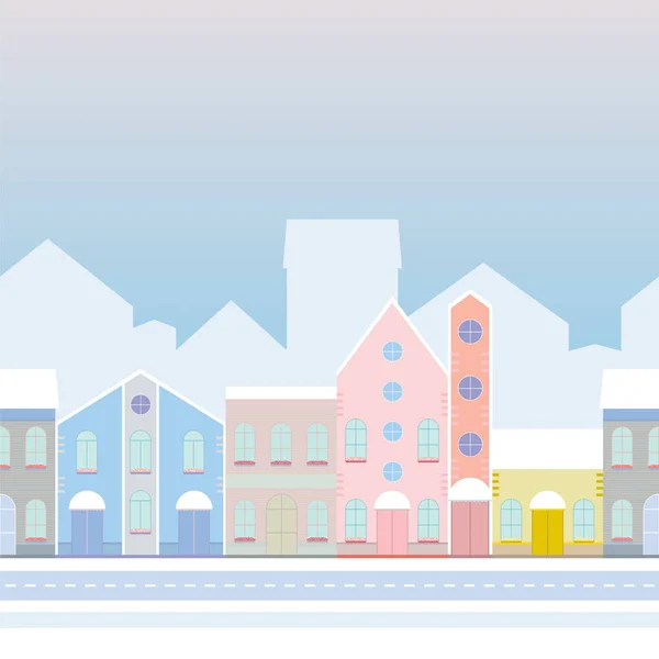 House buildings, home seamless background pattern. Street view in small city, town with road in winter time, snowing.