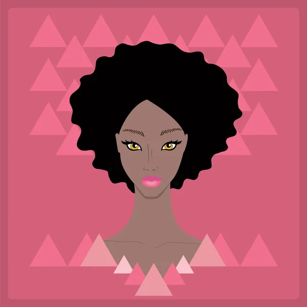 어두운 분홍색 배경에 삼각형 도형에 아름 다운 세련 된 젊은 여자 얼굴. 80 년대의 스타일 — 스톡 벡터