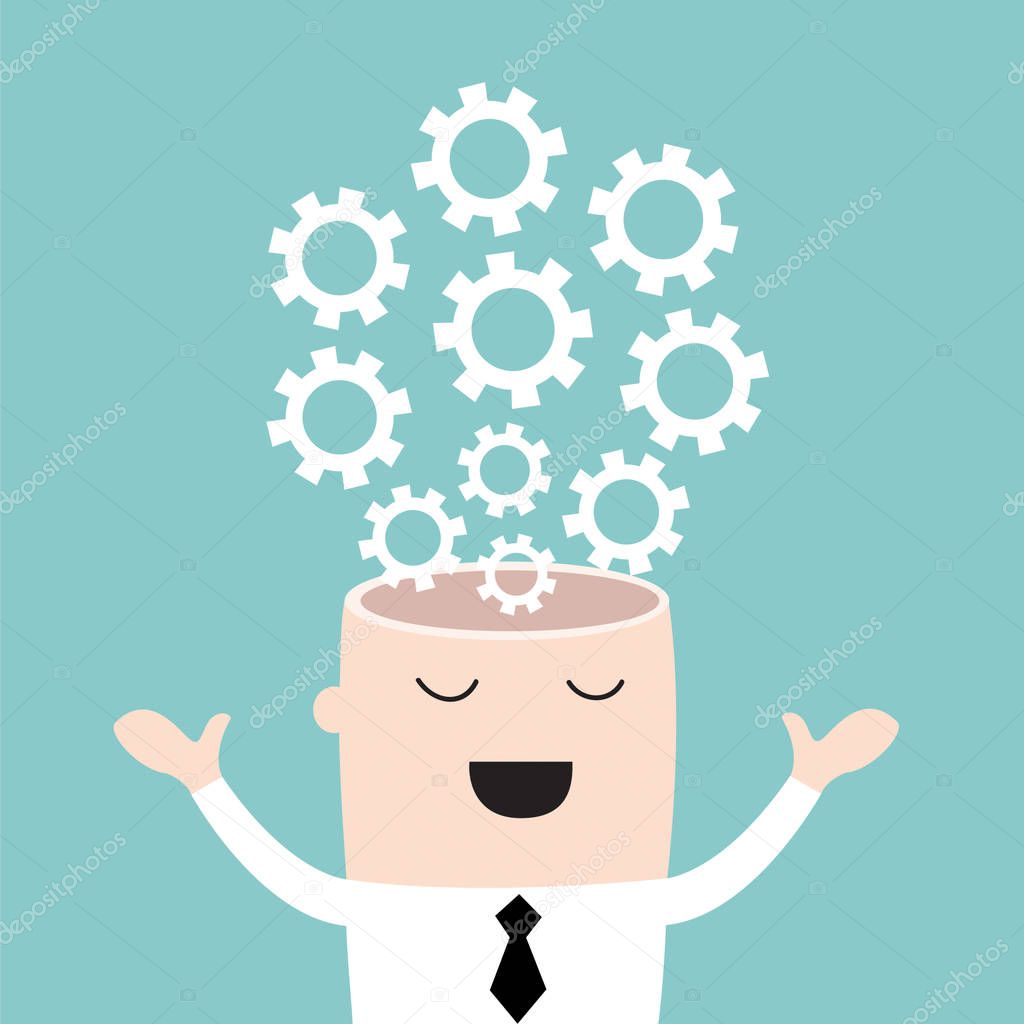 Businessman head with the gears. Brain storming, successful business idea concept