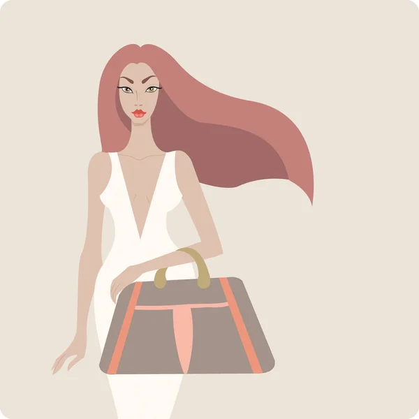 Giovane elegante bella donna che indossa abito di lusso e tenendo borsa di design — Vettoriale Stock