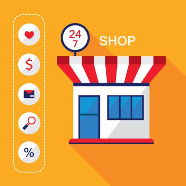 24 7 alışveriş açık. Modern düz tasarım cephe bina ve simgeler alışveriş bakkal. Vektör çizim