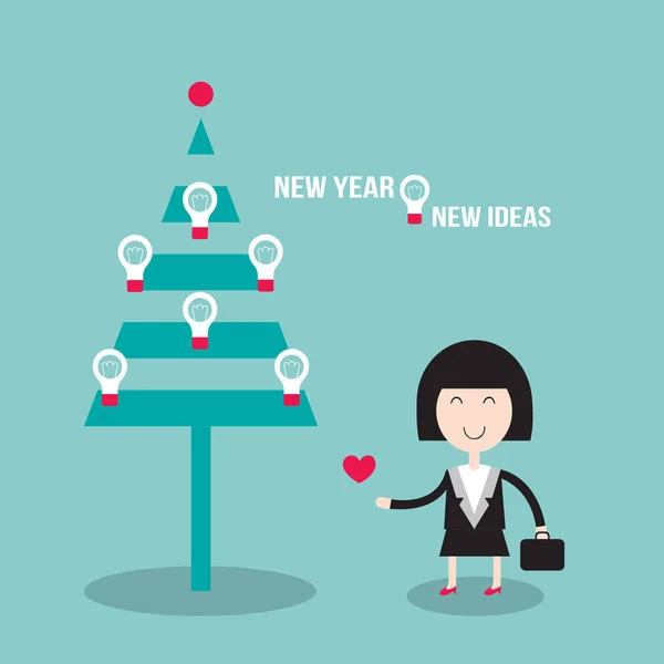 Mulher de negócios feliz perto da árvore de Natal com lâmpadas. Ano Novo - Novas ideias — Vetor de Stock