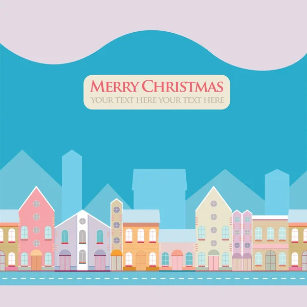 Jul, nyår Gratulationskort med utsikt över gatan med vackra hus i småstad — Stock vektor