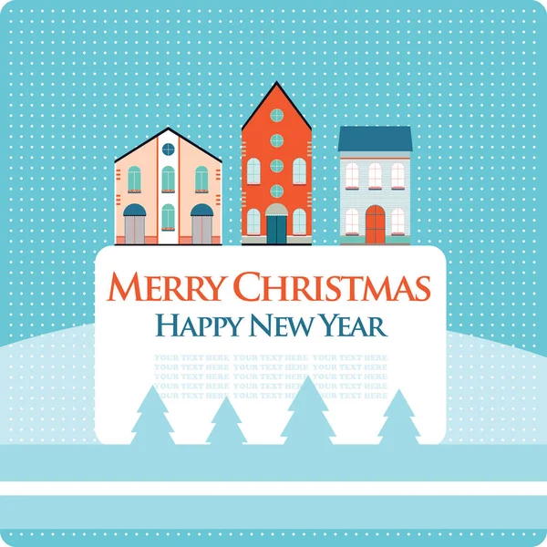 Christmas New Year Greeting Card Street View Lovely Houses Small — Stock Vector