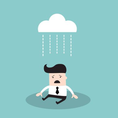 İşadamı kavramı beyin fırtınası altında. Yağmur aşağı yürüyüş depresif iş adamı