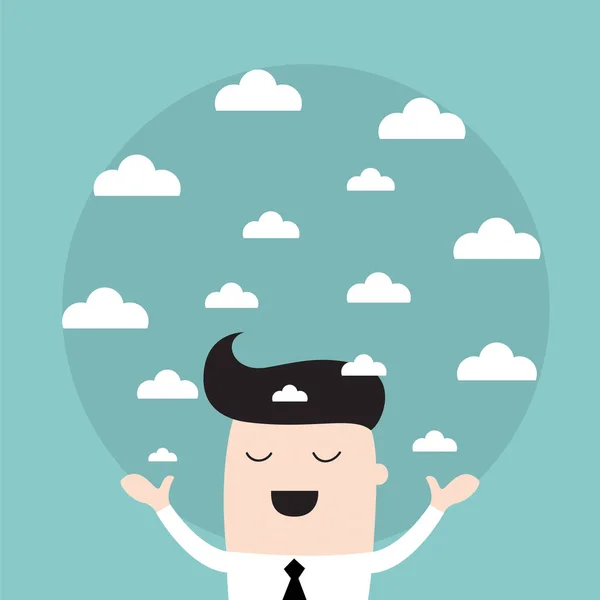 Homme d'affaires tenant un ciel avec les nuages, a besoin d'une bonne idée — Image vectorielle