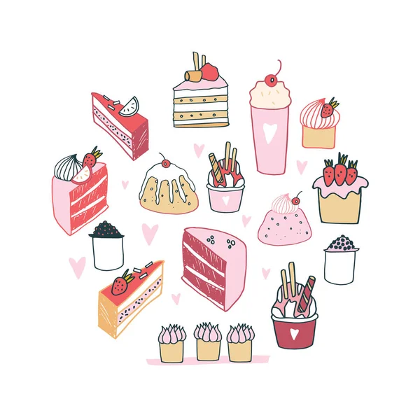 Hand gezeichnet köstliche Lebensmittel Dessertsammlung Milchshake Kuchen Pudding Cupcake Essen — Stockvektor