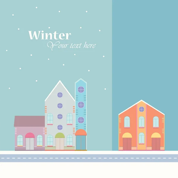 冬の背景 住宅建築物 小都市 冬時間で道路と町の家 ストリート ビュー雪 カラフルなポストカード バナー デザイン テンプレート — ストックベクタ
