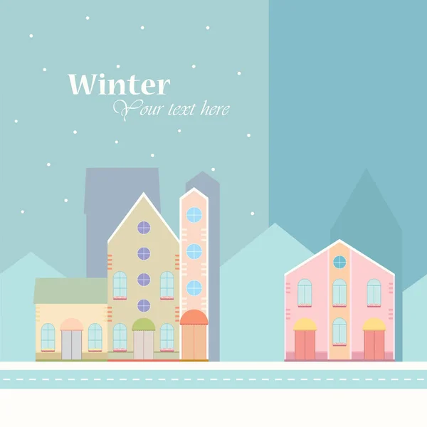 冬季背景 房屋建筑 街景在小城市 镇与道路在冬季时间 五颜六色的明信片 横幅设计模板 向量例证 — 图库矢量图片