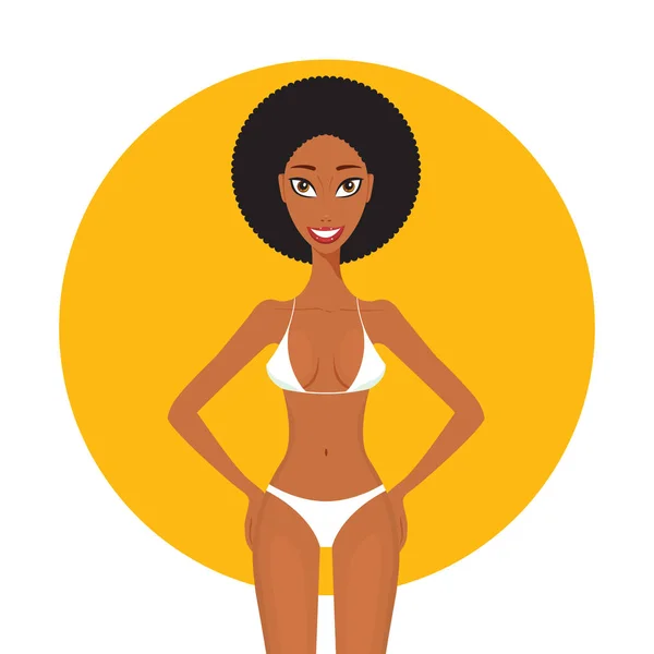 Bella Donna Nera Afroamericana Costume Bagno Summer Beach Vacation Vector — Vettoriale Stock
