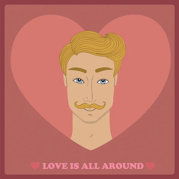 Beau Jeune Homme Avec Moustache Sur Fond Coeur Rose Rouge — Image vectorielle