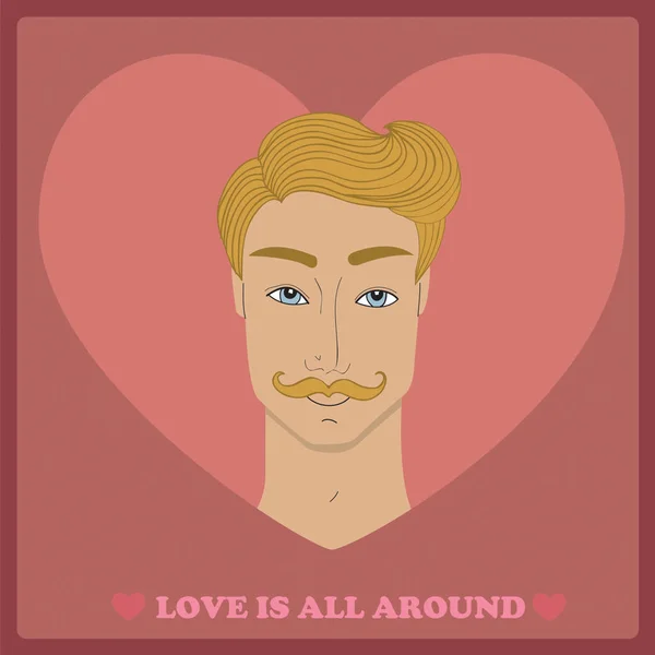 Hombre Joven Guapo Con Bigote Rosa Rojo Fondo Del Corazón — Archivo Imágenes Vectoriales