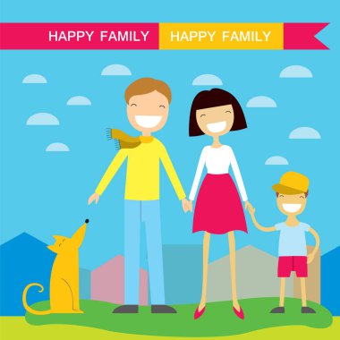 Mutlu aile üyeleri veliler, oğulları ve bir köpek. Çok güzel çizgi film karakterleri doğa güneşli yaz gün arka plan üzerinde. Vektör çizim