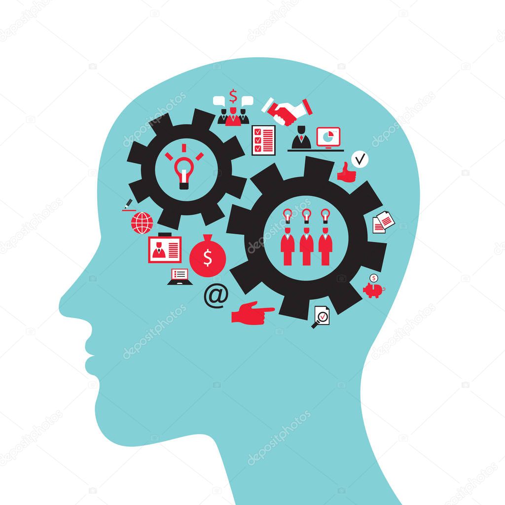 Infographics concept with head profile, brain, gears and business icons. Vector illustration