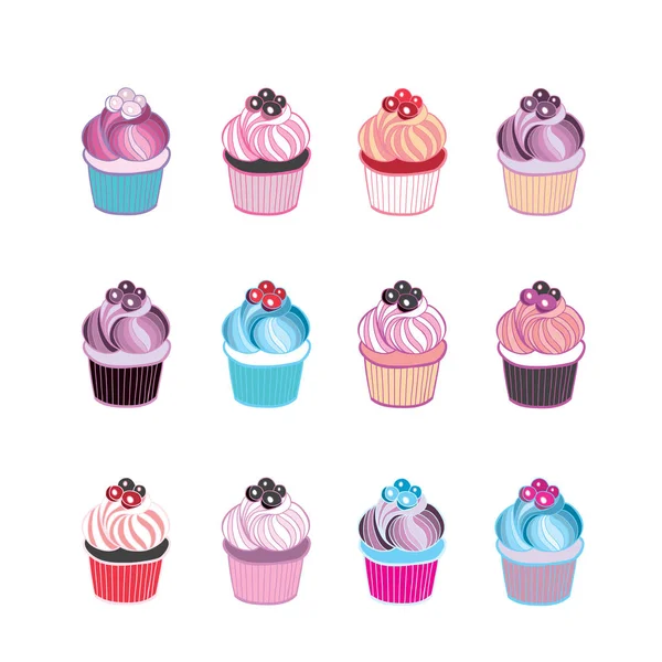 Sada Roztomilé Cupcakes Izolovaných Bílém Pozadí Vektorové Ilustrace — Stockový vektor