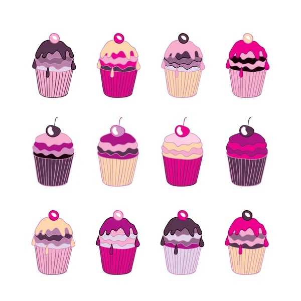 Conjunto Cupcakes Bonitos Isolados Fundo Branco Ilustração Vetorial —  Vetores de Stock