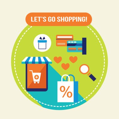 Dükkanı kolay. E - ticaret, online alışveriş ve banka kartı ödeme kavramı. Vektör çizim