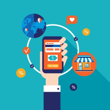 Mobil ödeme Online alışveriş ve e-ticaret kavramı. Vektör çizim
