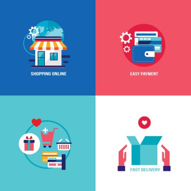 Online alışveriş e-ticaret mobil ödeme ve başarılı iş kavramı afiş ayarlayın. Vektör çizim