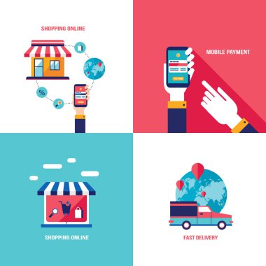 Online alışveriş e-ticaret mobil ödeme ve başarılı iş kavramı afiş ayarlayın. Vektör çizim
