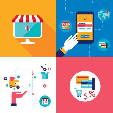 Online alışveriş e-ticaret mobil ödeme ve başarılı iş kavramı afiş ayarlayın. Vektör çizim