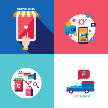 Online alışveriş e-ticaret mobil ödeme ve başarılı iş kavramı afiş ayarlayın. Vektör çizim