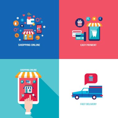 Online alışveriş e-ticaret mobil ödeme ve başarılı iş kavramı afiş ayarlayın. Vektör çizim