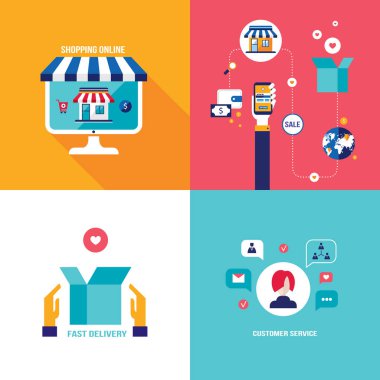 Online alışveriş e-ticaret mobil ödeme ve başarılı iş kavramı afiş ayarlayın. Vektör çizim