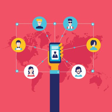 İşadamı el web simgeler sosyal ağ ve iletişim konsepti ile mobil akıllı telefon tutarak 