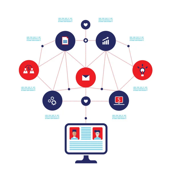Monitor Ordenador Con Iconos Web Red Social Comunicación Concepto Empresarial — Vector de stock