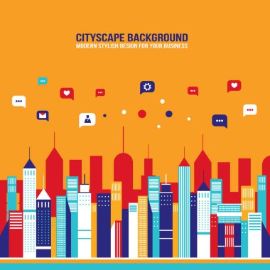 Şehir sosyal ağ kentsel peyzaj iş simgeleri iletişim kavramı Infographic öğeleri vektör çizim ile dolu