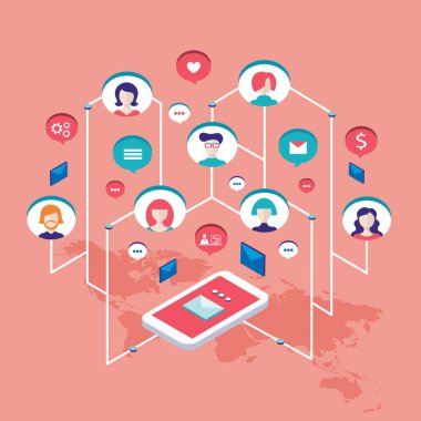 Sosyal ağ iletişim izometrik konsept illüstrasyon insanlar Kullanıcı avatarlar ve konuşma kabarcıklar vektör çizim