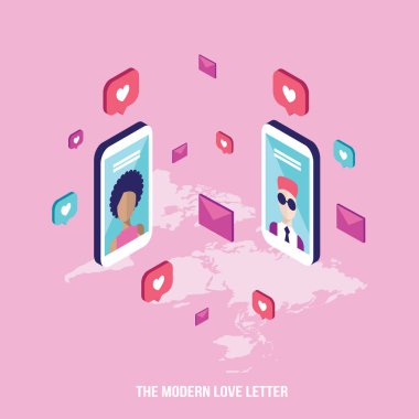 Modern aşk mektubu St Sevgililer günü Modern izometrik düz stil üzerinde vektör çizim mesajlaşma insanlar
